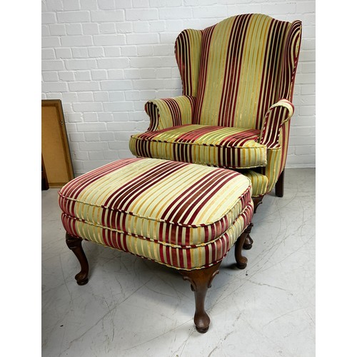 495 - A CONTEMPORARY ARMCHAIR AND FOOTSTOOL UPHOLSTERED IN PIN KAND YELLOW STRIPED FABRIC (2) 

Chair 105c... 