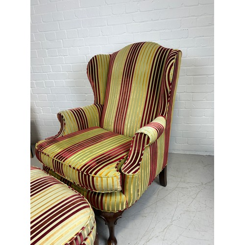 495 - A CONTEMPORARY ARMCHAIR AND FOOTSTOOL UPHOLSTERED IN PIN KAND YELLOW STRIPED FABRIC (2) 

Chair 105c... 