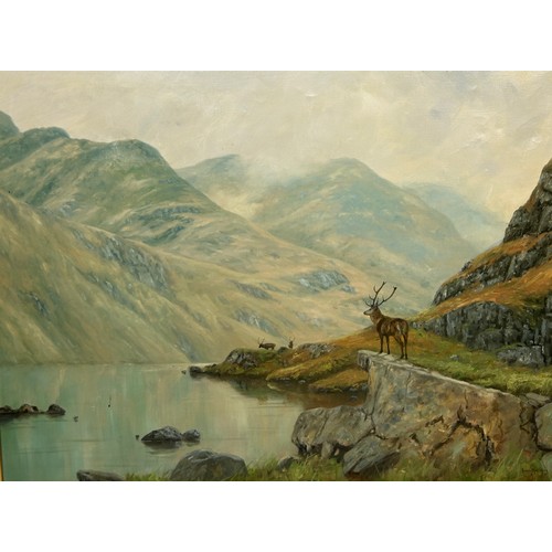 256 - HUGH MCKINLEY (SCOTTISH BORN 1968/9): AN OIL ON CANVAS PAINTING DEPICTING A STAG IN THE HIGHLANDS, 
... 