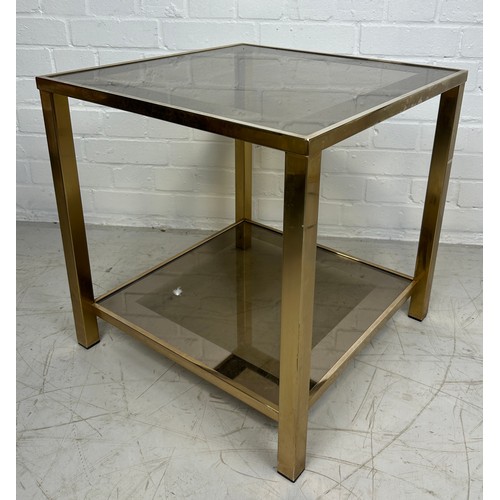 491B - A BRASS TWO TIER SIDE TABLE WITH GLASS INSERTS, 

50cm x 50cm x 50cm