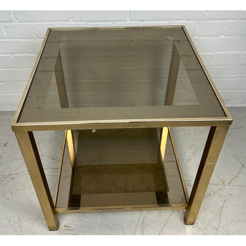 491B - A BRASS TWO TIER SIDE TABLE WITH GLASS INSERTS, 

50cm x 50cm x 50cm