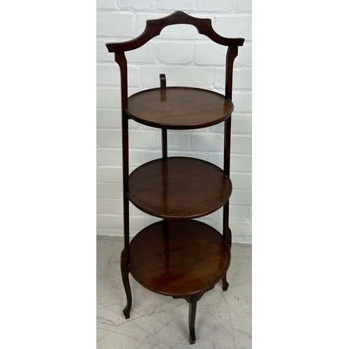 431 - A 19TH CENTURY MAHOGANY THREE TIER STAND, 

88cm x 30cm