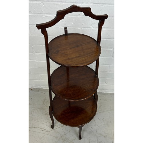 431 - A 19TH CENTURY MAHOGANY THREE TIER STAND, 

88cm x 30cm