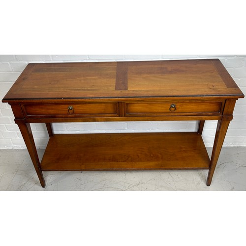 508 - A CHERRYWOOD TWO TIER CONSOLE TABLE WITH TWO DRAWERS, 

120cm x 75cm x 40cm