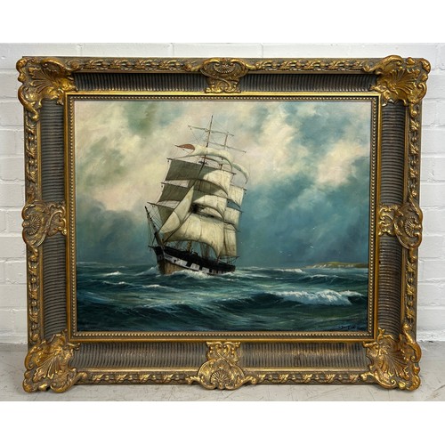 257 - JOHN TRICKETT (BRITISH B.1953): AN OIL ON CANVAS PAINTING DEPICTING A SHIP ON STORMY SEAS, 

75cm x ... 