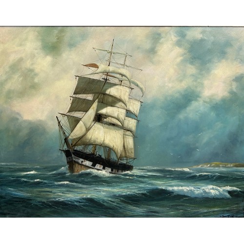 257 - JOHN TRICKETT (BRITISH B.1953): AN OIL ON CANVAS PAINTING DEPICTING A SHIP ON STORMY SEAS, 

75cm x ... 