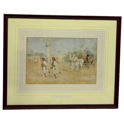 311 - A WATERCOLOUR ON PAPER DEPICTING AN ARABIAN SCENE WITH KINGS ESCORT,

Signed. 

35cm x 22cm 

Mounte... 