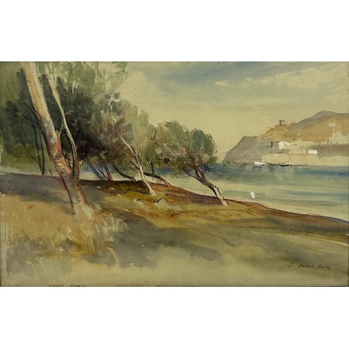 275 - JOHN BARRIE HASTE (1931-2011) A WATERCOLOUR PAINTING ON PAPER 'SEASIDE VIEW OF HYDRA', 

49cm x 32cm... 