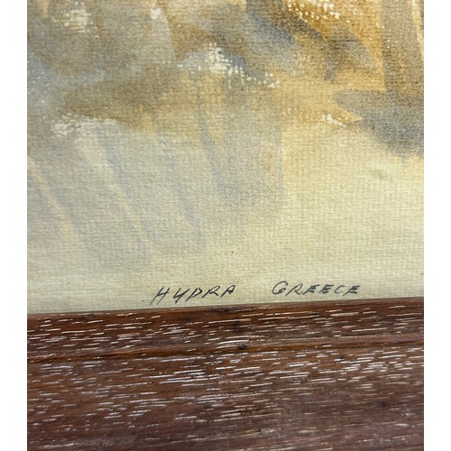 275 - JOHN BARRIE HASTE (1931-2011) A WATERCOLOUR PAINTING ON PAPER 'SEASIDE VIEW OF HYDRA', 

49cm x 32cm... 