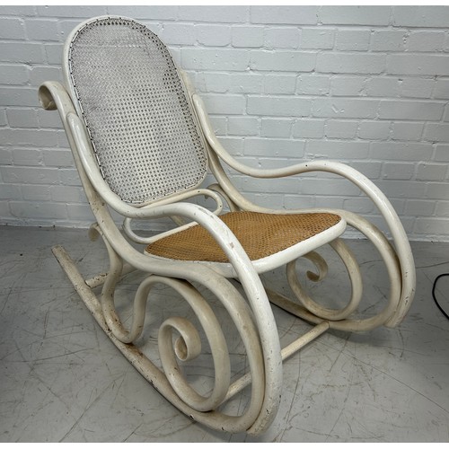 498 - A BENTWOOD ROCKING CHAIR, WHITE PAINTED, 

90cm x 80cm x 44cm