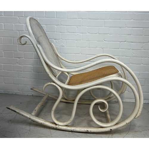 498 - A BENTWOOD ROCKING CHAIR, WHITE PAINTED, 

90cm x 80cm x 44cm