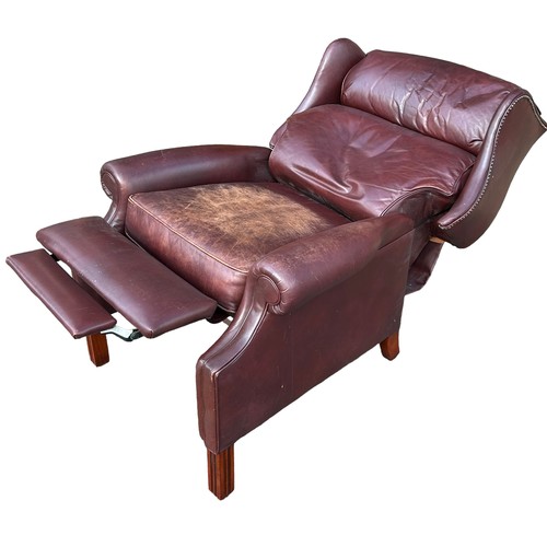 497 - A HARRODS LONDON BROWN LEATHER RECLINING ARMCHAIR, 

105cm x 85cm x 75cm