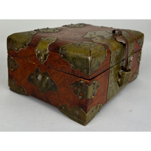 604 - A CHINESE WOODEN AND BRASS BOX, 

20cm x 14cm x 10cm