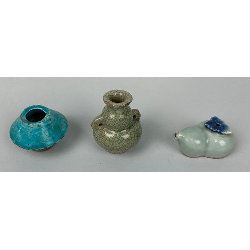 63 - THREE CHINESE CERAMICS TO INCLUDE A QING DYNASTY WATER DROPPER, 

Largest 5cm