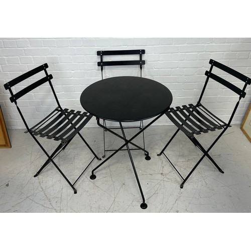 494 - A METAL SET OF OUTDOOR TABLES AND FOLDING CHAIRS, 

Table 72cm x 60cm
Chairs 80cm x 36cm x 36cm