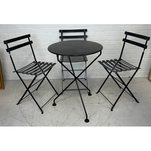 494 - A METAL SET OF OUTDOOR TABLES AND FOLDING CHAIRS, 

Table 72cm x 60cm
Chairs 80cm x 36cm x 36cm