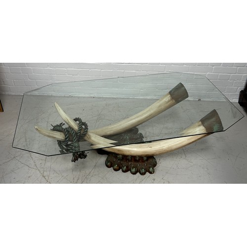 467 - A DECORATIVE 1970'S ITALIAN COFFEE TABLE WITH FAUX RESIN TUSKS AND ROPE TWIST DETAILS ON NATURALISTI... 