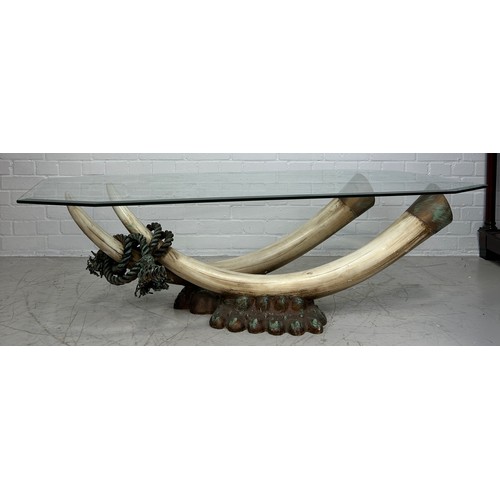 467 - A DECORATIVE 1970'S ITALIAN COFFEE TABLE WITH FAUX RESIN TUSKS AND ROPE TWIST DETAILS ON NATURALISTI... 