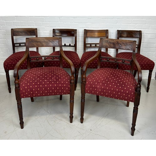 454 - A SET OF SIX REGENCY DINING CHAIRS, 

To include two carvers and four side chairs. 

Carvers 82cm x ... 