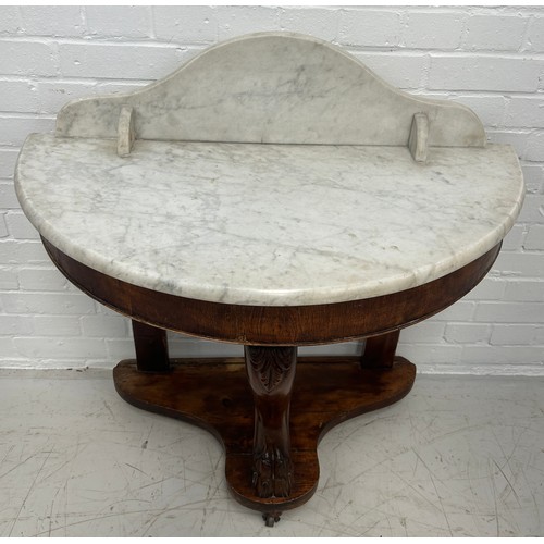 426 - A VICTORIAN WASH STAND WITH MARBLE TOP RAISED ON LION PAW FOOT WITH CASTORS, 

89cm x 89cm x 44cm