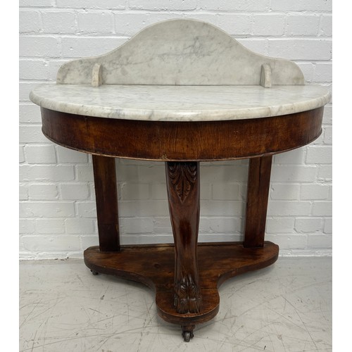 426 - A VICTORIAN WASH STAND WITH MARBLE TOP RAISED ON LION PAW FOOT WITH CASTORS, 

89cm x 89cm x 44cm