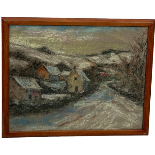 316 - JOHN EDWARDS: A SIGNED CHALK DRAWING DEPICTING A VILLAGE SCENE IN THE SNOW, 

50cm x 39cm

Mounted i... 