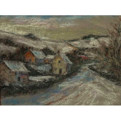 316 - JOHN EDWARDS: A SIGNED CHALK DRAWING DEPICTING A VILLAGE SCENE IN THE SNOW, 

50cm x 39cm

Mounted i... 