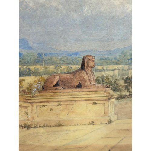 307 - A 19TH CENTURY CONTINENTAL WATERCOLOUR PAINTING ON PAPER DEPICTING 'VIEW OF CLASSICAL STATUES IN A C... 