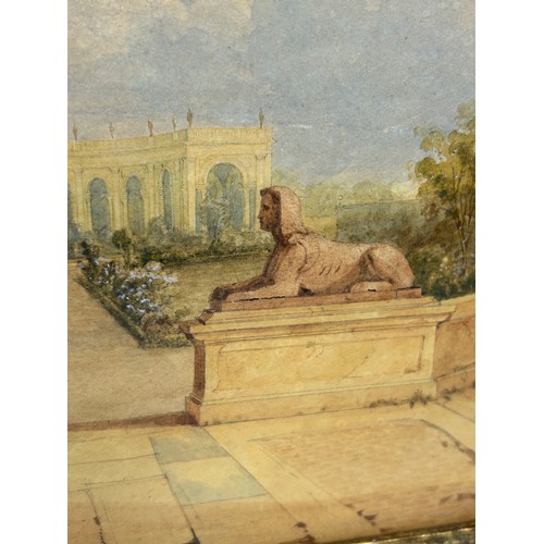 307 - A 19TH CENTURY CONTINENTAL WATERCOLOUR PAINTING ON PAPER DEPICTING 'VIEW OF CLASSICAL STATUES IN A C... 