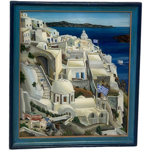 342 - A GREEK OIL ON BOARD PAINTING OF SANTORINI ISLAND, GREECE, 

Signed and inscribed to verso. 

34cm x... 