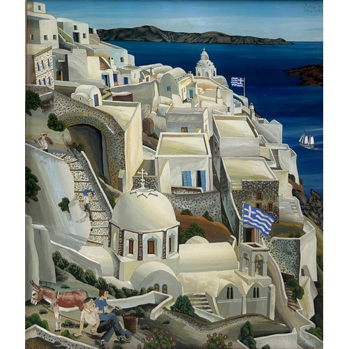 342 - A GREEK OIL ON BOARD PAINTING OF SANTORINI ISLAND, GREECE, 

Signed and inscribed to verso. 

34cm x... 