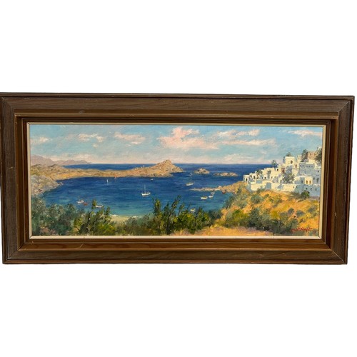 220 - ERNEST KNIGHT (1915-1995): AN OIL ON CANVAS VIEW OF A GREEK COASTLINE POSSIBLY RODOR ISLAND IN THE A... 