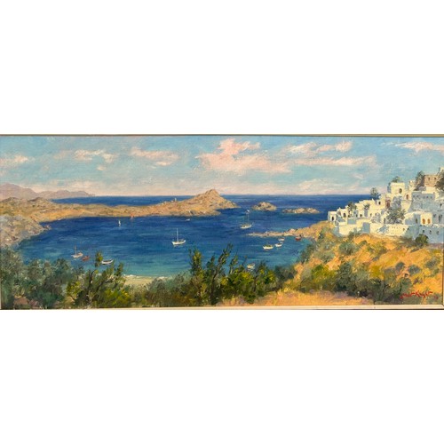 220 - ERNEST KNIGHT (1915-1995): AN OIL ON CANVAS VIEW OF A GREEK COASTLINE POSSIBLY RODOR ISLAND IN THE A... 