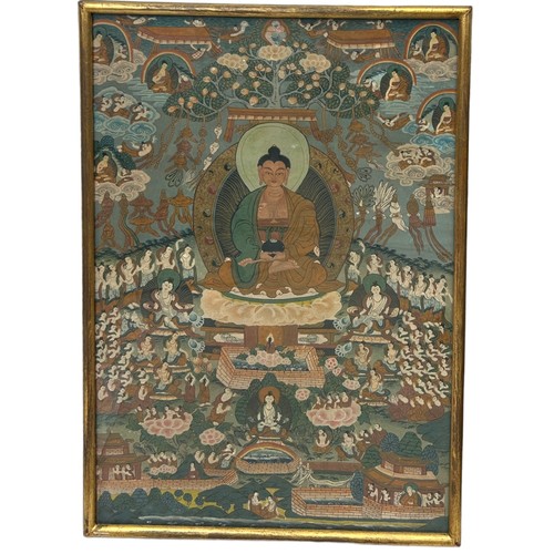 325 - A HIMALAYAN WATERCOLOUR PAINTING ON PAPER THANGKA OF A BUDDHA SITTING ON A LOTUS THRONE SURROUNDED B... 