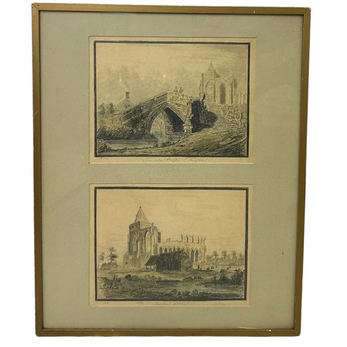 283 - AN EARLY 19TH CENTURY PENCIL DRAWING AND WATERCOLOUR PAINTING VIEW OF CROWLAND ABBEY AND CROWLAND BR... 