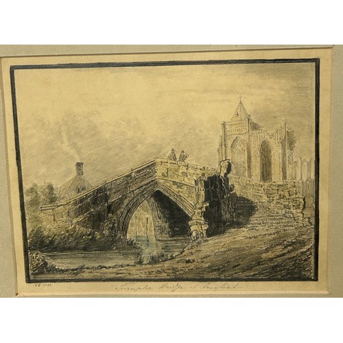 283 - AN EARLY 19TH CENTURY PENCIL DRAWING AND WATERCOLOUR PAINTING VIEW OF CROWLAND ABBEY AND CROWLAND BR... 