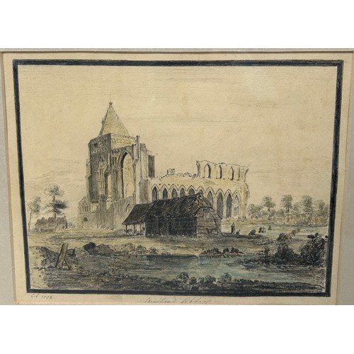 283 - AN EARLY 19TH CENTURY PENCIL DRAWING AND WATERCOLOUR PAINTING VIEW OF CROWLAND ABBEY AND CROWLAND BR... 