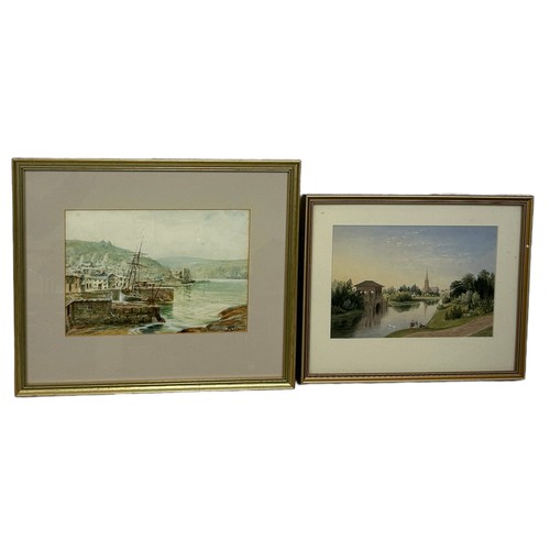 293 - A PAIR OF 19TH CENTURY WATERCOLOUR PAINTINGS ON PAPER DEPICTING A LAKE SCENE WITH DISTANT CATHEDRAL ... 