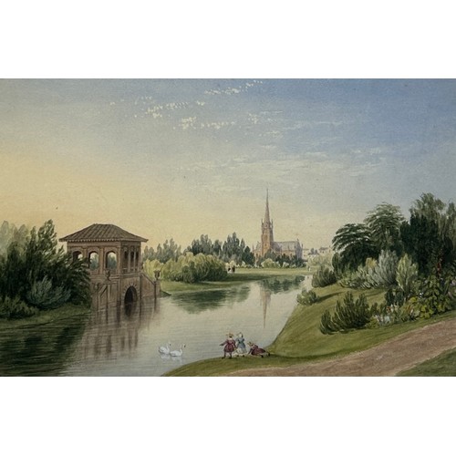 293 - A PAIR OF 19TH CENTURY WATERCOLOUR PAINTINGS ON PAPER DEPICTING A LAKE SCENE WITH DISTANT CATHEDRAL ... 