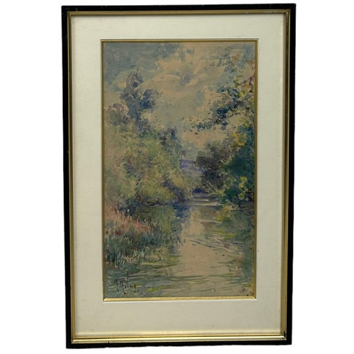 296 - A FRENCH WATERCOLOUR PAINTING ON PAPER DEPICTING A RIVER GARDEN SCENE, 

Signed H.Robert 

29cm x 17... 