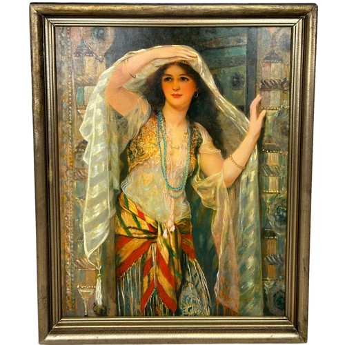 196 - A 19TH OR 20TH CENTURY ORIENTALIST OIL ON CANVAS PAINTING DEPICTING A FINE YOUNG LADY OF THE HAREM, ... 