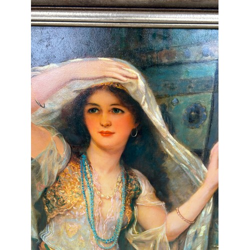 196 - A 19TH OR 20TH CENTURY ORIENTALIST OIL ON CANVAS PAINTING DEPICTING A FINE YOUNG LADY OF THE HAREM, ... 