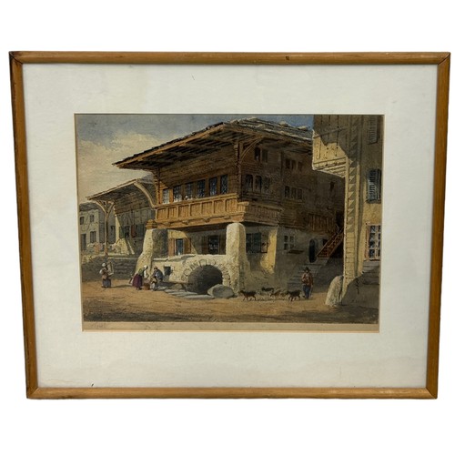 284 - A 19TH CENTURY WATERCOLOUR PAINTING ON PAPER DEPICTING A TYROLEAN VILLAGE SCENE WITH LOCAL FOLK, 

3... 