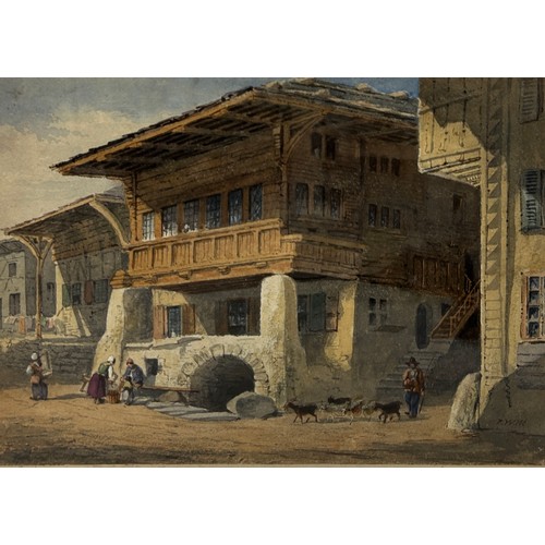 284 - A 19TH CENTURY WATERCOLOUR PAINTING ON PAPER DEPICTING A TYROLEAN VILLAGE SCENE WITH LOCAL FOLK, 

3... 