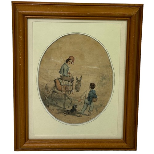 298 - A 19TH CENTURY ITALIAN WATERCOLOUR PAINTING ON PAPER DEPICTING YOUNG BOYS IN THE COUNTRYSIDE TRAVELL... 