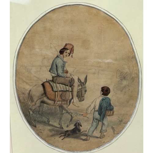 298 - A 19TH CENTURY ITALIAN WATERCOLOUR PAINTING ON PAPER DEPICTING YOUNG BOYS IN THE COUNTRYSIDE TRAVELL... 