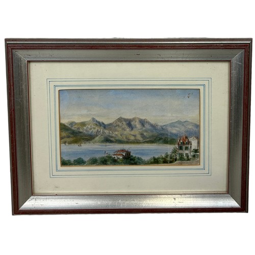 289 - A 19TH CENTURY CONTINENTAL WATERCOLOUR PAINTING ON PAPER DEPICTING A LAKE SCENE WITH CHATEAU,

21cm ... 