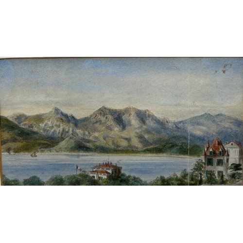 289 - A 19TH CENTURY CONTINENTAL WATERCOLOUR PAINTING ON PAPER DEPICTING A LAKE SCENE WITH CHATEAU,

21cm ... 