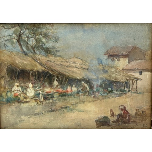 295 - A 19TH CENTURY WATERCOLOUR PAINTING ON PAPER TITLED 'IN THE BAZAAR, BENARES', INDIA WITH FIGURES UND... 