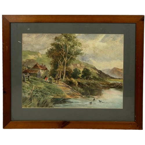 274 - A WATERCOLOUR PAINTING ON PAPER DEPICTING A COUNTRYSIDE SCENE WITH FIGURES BY A LAKE, 

40cm x 29cm
... 